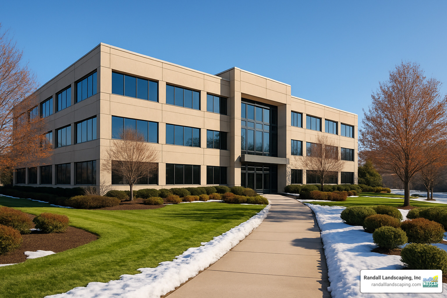 modern office building with beautiful landscaped grounds and snow-free walkways - Commercial Landscaper Near Me