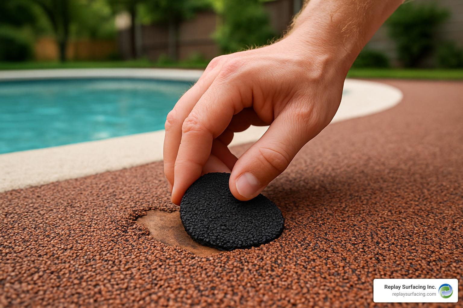 Close-up view of a quick patch repair being applied to a small damaged area of rubber pool deck surfacing - rubber surfacing for pool decks