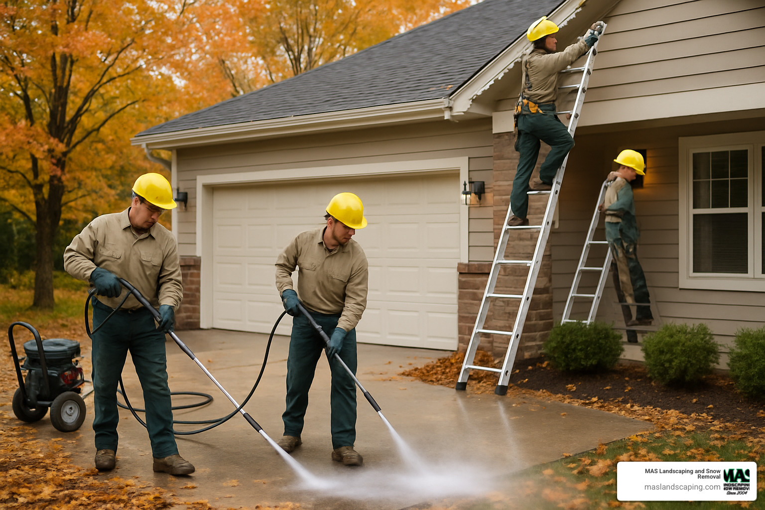 Professional crew pressure washing a driveway and installing holiday lights - fall landscaping services