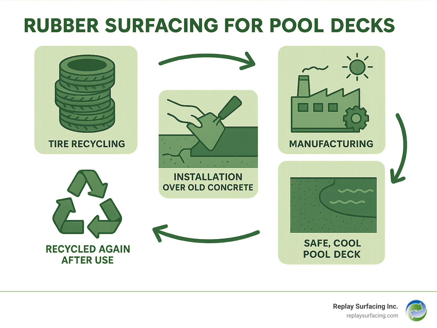 Infographic showing the lifecycle of rubber surfacing for pool decks: tire recycling → manufacturing → installation over old concrete → safe, cool pool deck → long-lasting low maintenance → recycled again after use - rubber surfacing for pool decks infographic 