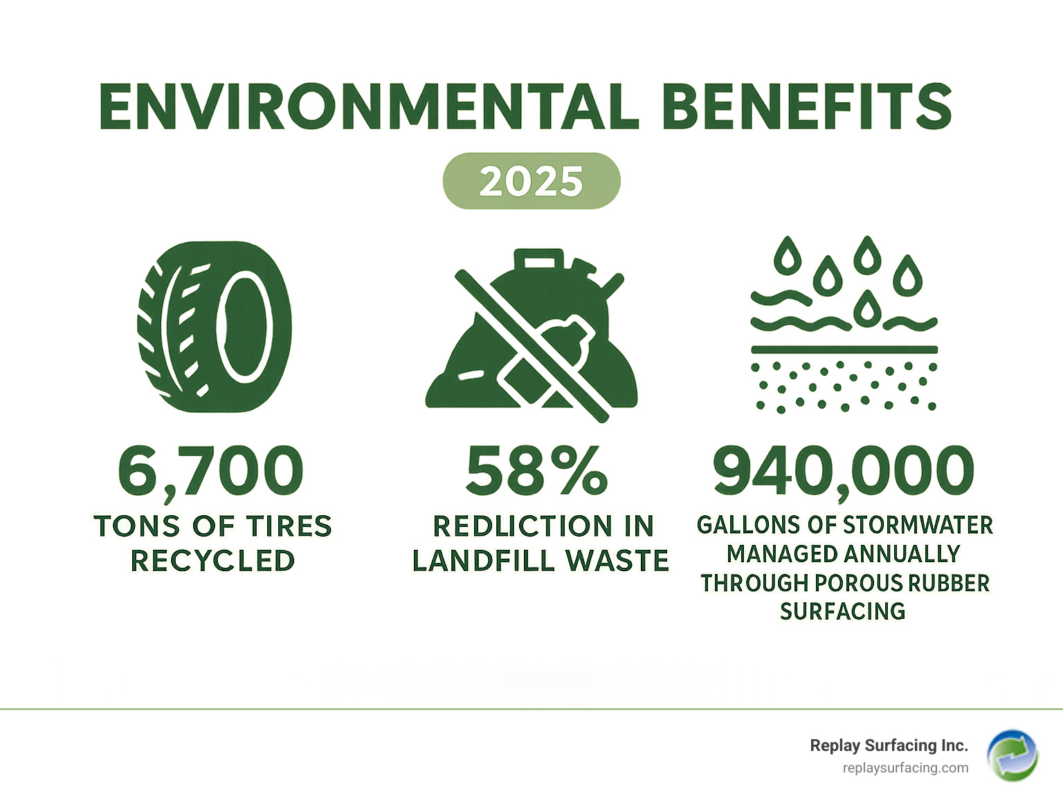 Infographic showing environmental benefits: X tons of tires recycled, Y% reduction in landfill waste, Z gallons of stormwater managed annually through porous rubber surfacing - rubber surfacing for pool decks infographic 