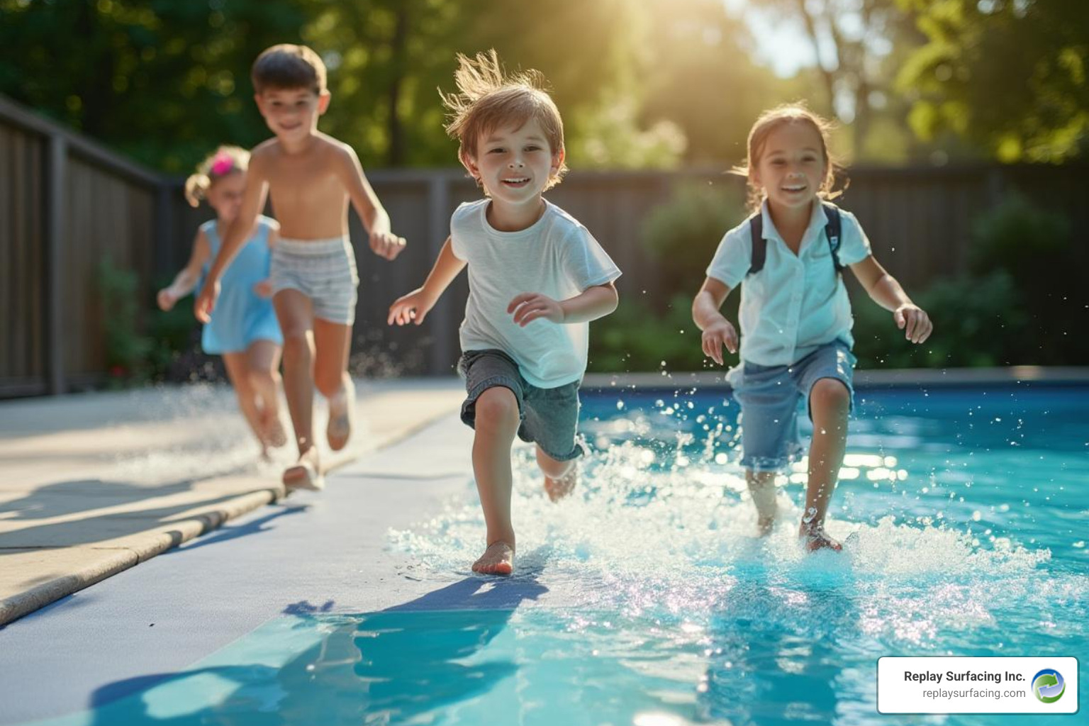 Kids safely running and playing on a slip-resistant rubber pool deck surface - rubber surfacing for pool decks
