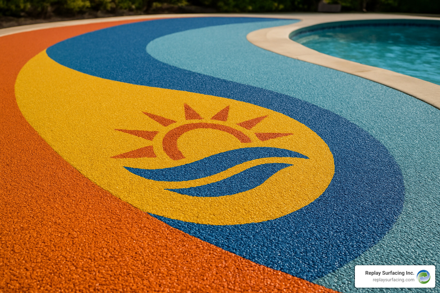 Custom logo integrated into colorful rubber pool deck surface design - rubber surfacing for pool decks