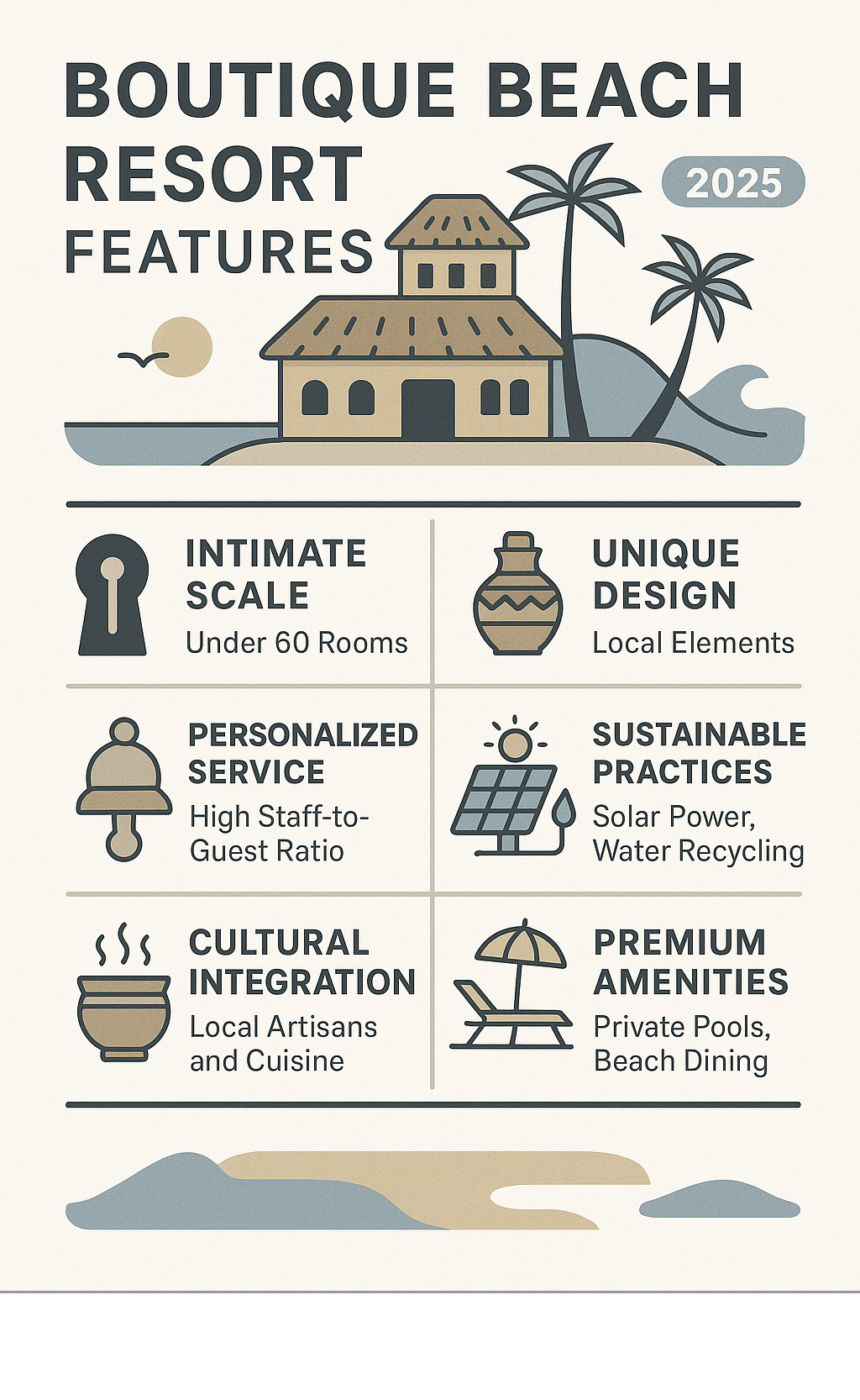 Infographic showing boutique beach resort features: intimate scale with under 60 rooms, personalized service with high staff-to-guest ratios, unique local design elements, sustainable practices like solar power and water recycling, cultural integration through local artisans and cuisine, and premium amenities like private pools and beach dining - boutique beach resorts infographic 