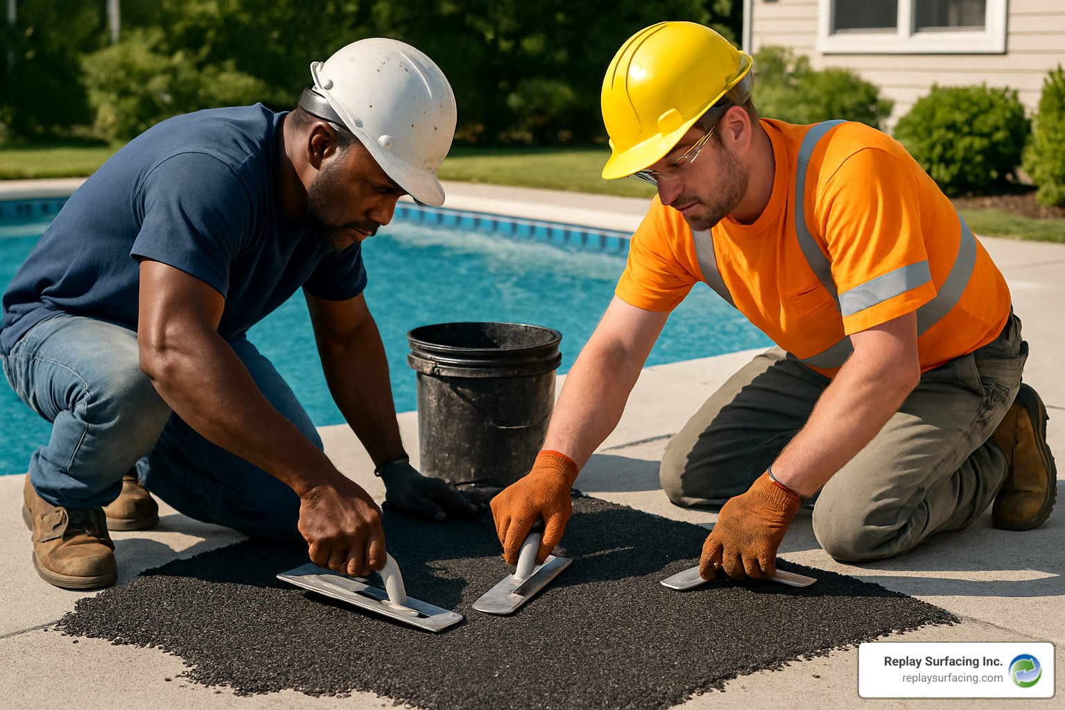 Professional installers hand-troweling rubber surfacing mixture over prepared pool deck surface - rubber surfacing for pool decks
