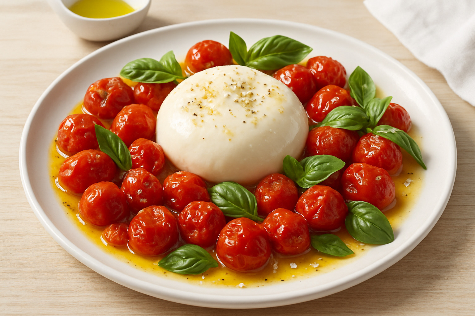 burst tomato burrata salad with fresh basil and olive oil - burrata