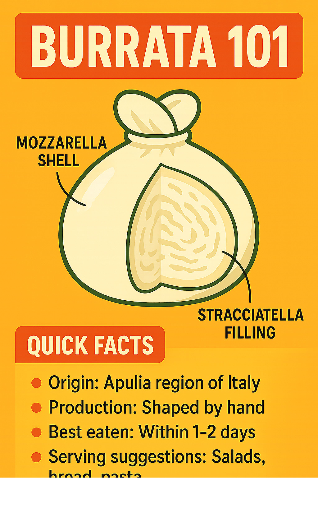Detailed infographic showing cross-section of burrata cheese with labeled outer mozzarella shell and inner stracciatella filling, plus key facts about origin, production, and serving suggestions - burrata infographic 