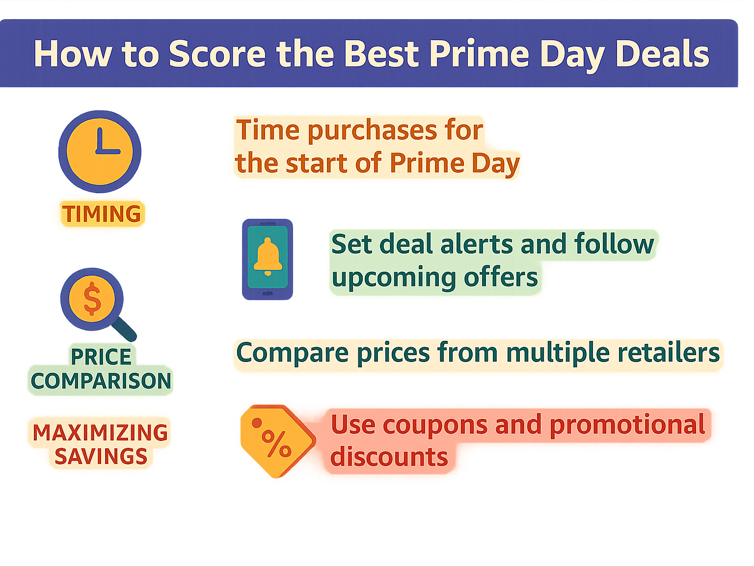 Infographic showing Prime Day shopping strategy with timing charts, deal-tracking methods, price comparison tools, and savings maximization techniques - prime day deals infographic 
