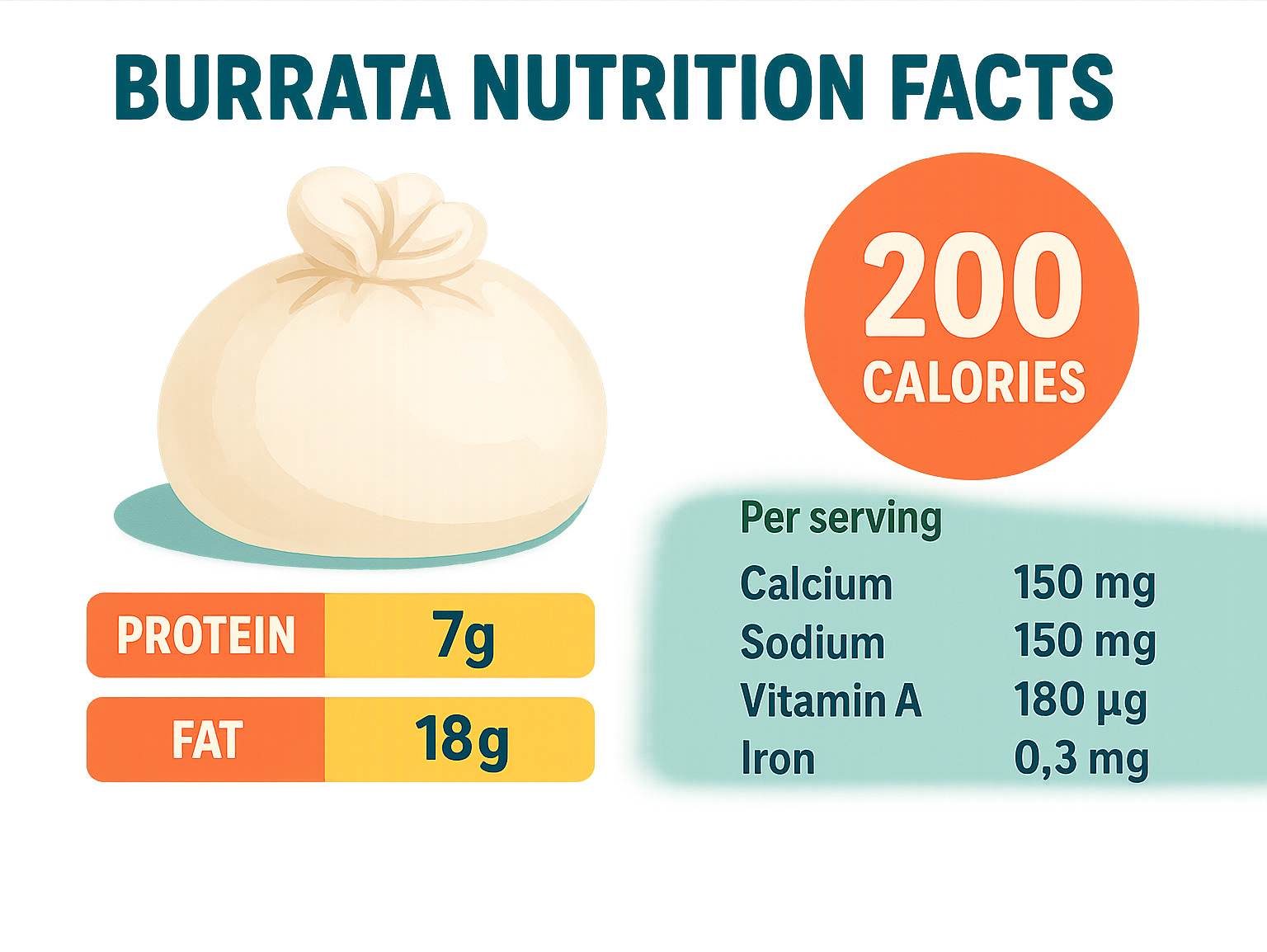 Nutritional breakdown infographic showing burrata's calorie content, protein, fat, and key nutrients per serving - burrata infographic 