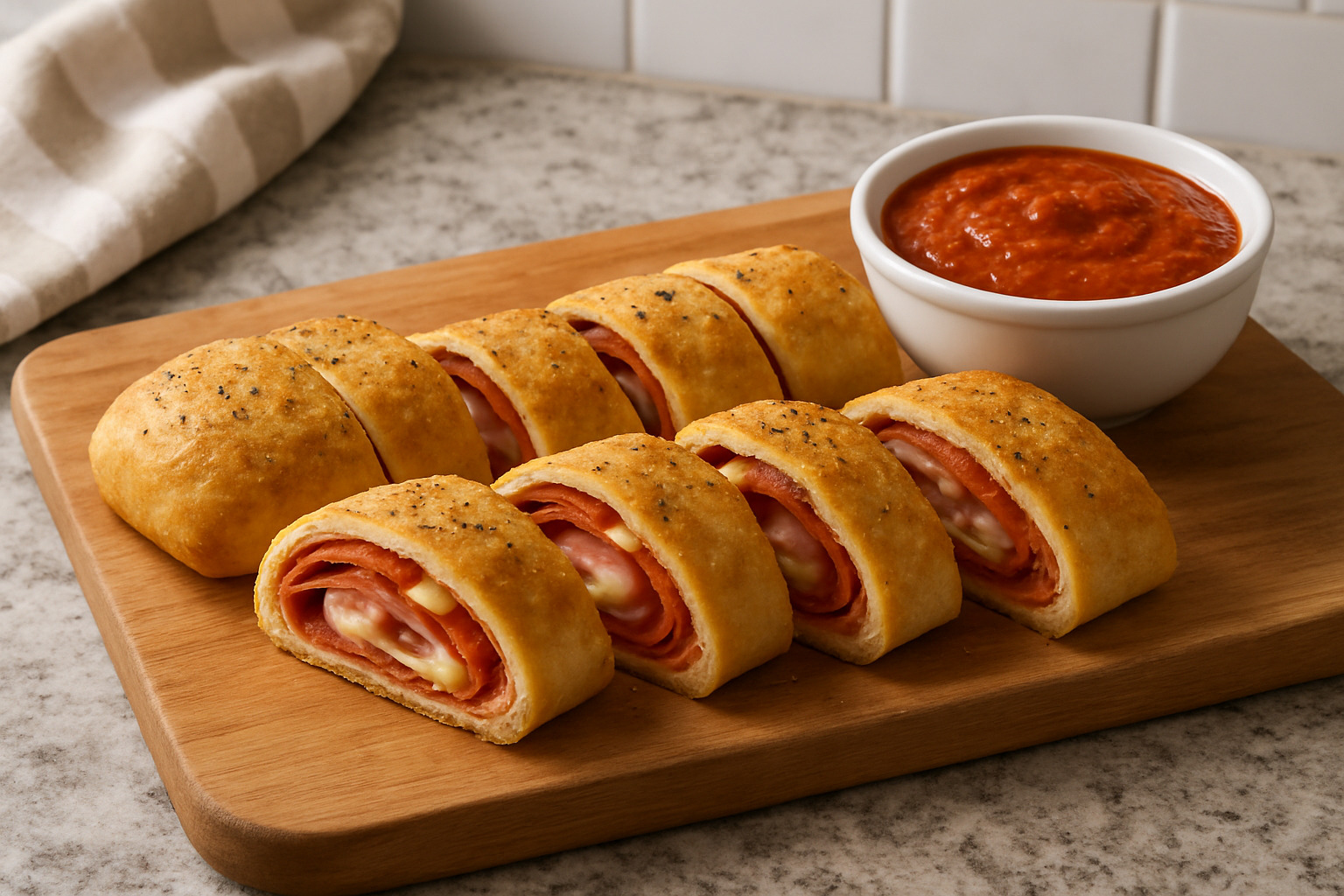 sliced stromboli on wooden board with marinara dipping sauce - stromboli