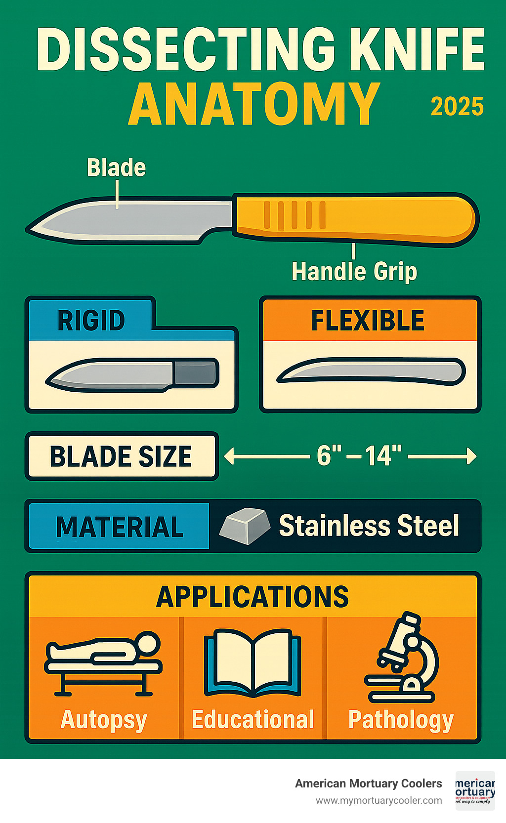 Comprehensive infographic showing dissecting knife anatomy with labeled parts including blade types (rigid vs flexible), handle grips, blade measurements from 6-14 inches, material specifications for stainless steel construction, and application categories for autopsy, educational, and pathology use - dissecting knife infographic 