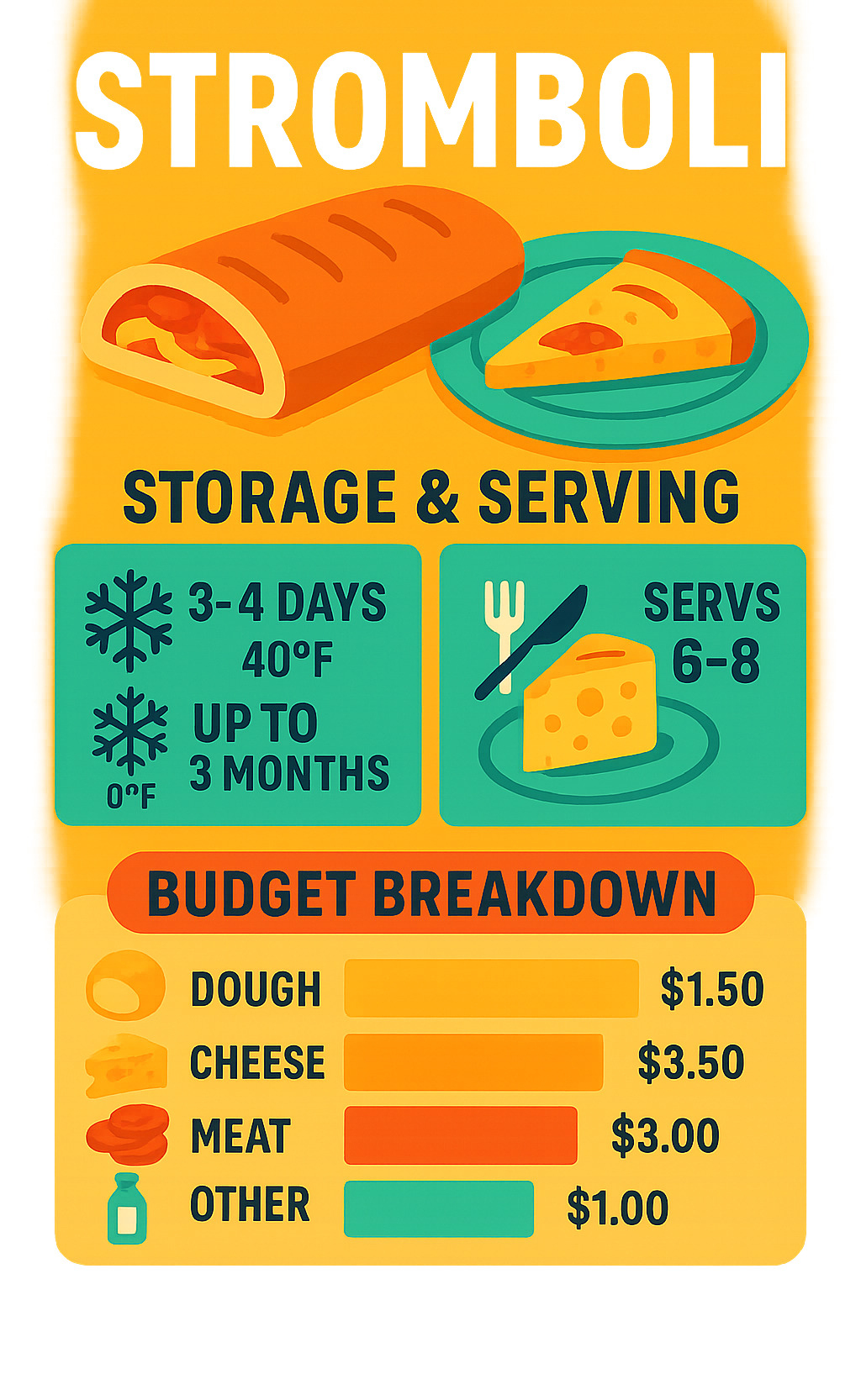 Statistical infographic showing stromboli storage times, temperatures, and serving sizes with budget breakdown per ingredient - stromboli infographic 