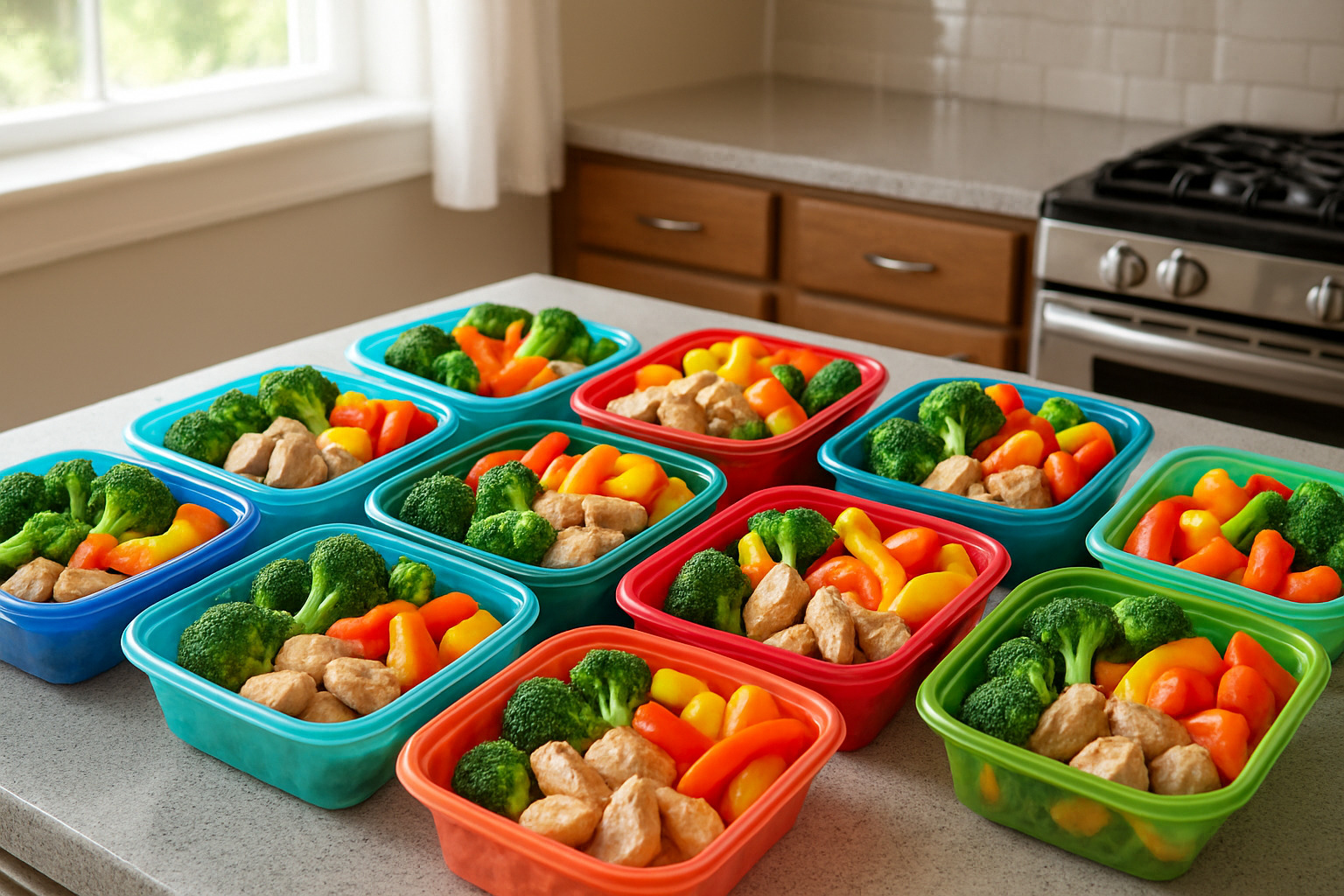 Colorful meal prep containers with chicken and vegetables - chicken recipes