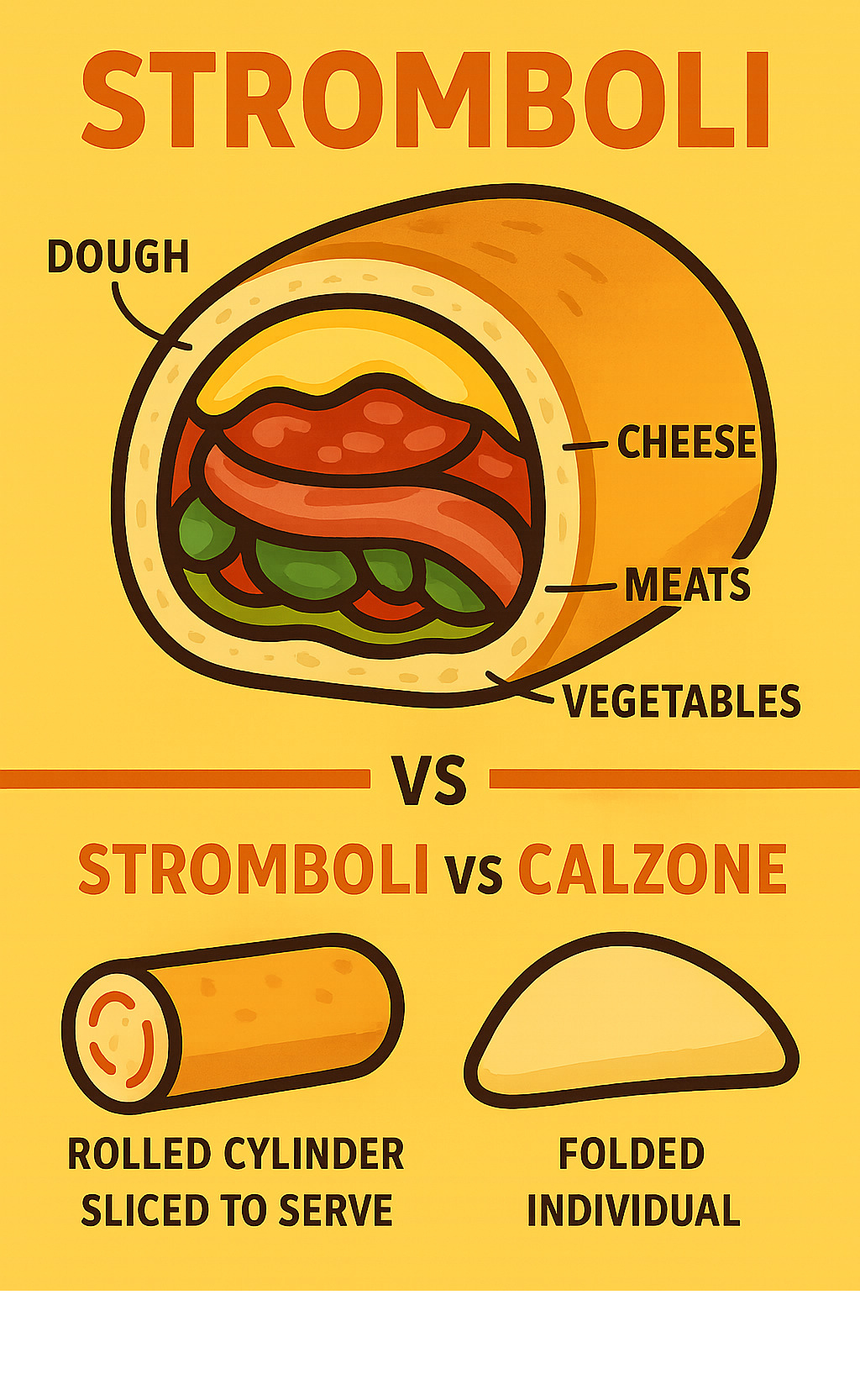 Detailed cross-section infographic showing stromboli anatomy with labeled layers of dough, cheese, meats, and vegetables, plus comparison chart showing stromboli vs calzone shapes and preparation methods - stromboli infographic 