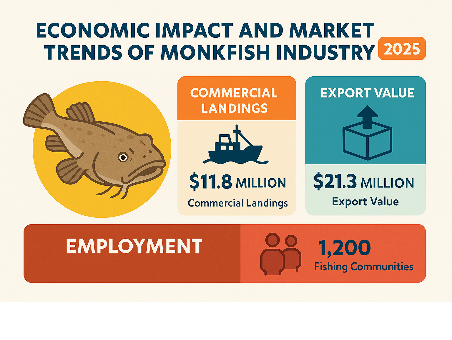 Economic impact and market trends of monkfish industry showing commercial landings, export values, and employment in fishing communities - monkfish infographic 