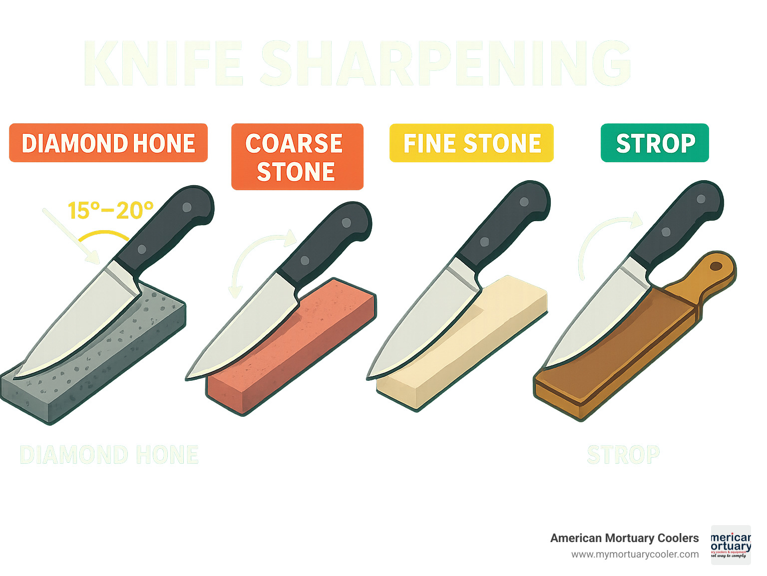 Step-by-step infographic showing knife sharpening process from diamond hone to strop finishing with proper angles and techniques - dissecting knife infographic 