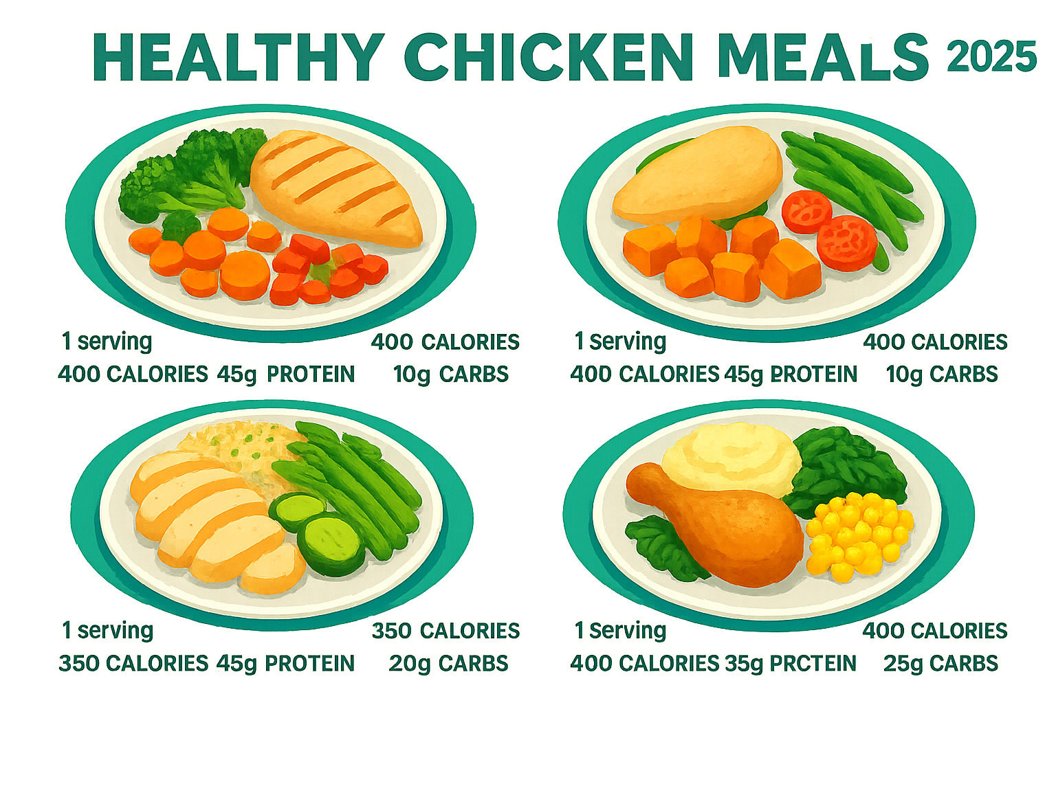Infographic showing healthy chicken meal combinations with vegetables, portion sizes, and nutritional benefits per serving - chicken recipes infographic 