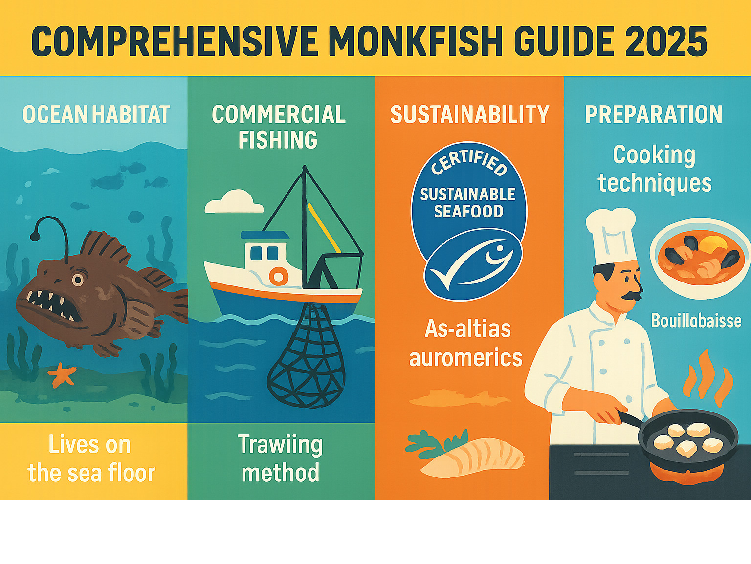Comprehensive monkfish guide showing the journey from ocean habitat through commercial fishing methods to restaurant preparation, including sustainability certifications, cooking techniques, and global culinary applications - monkfish infographic 