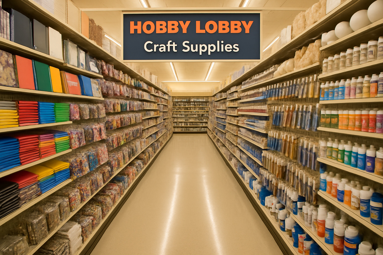 Interior view of Hobby Lobby craft supplies aisle showing organized product displays - hobby lobby