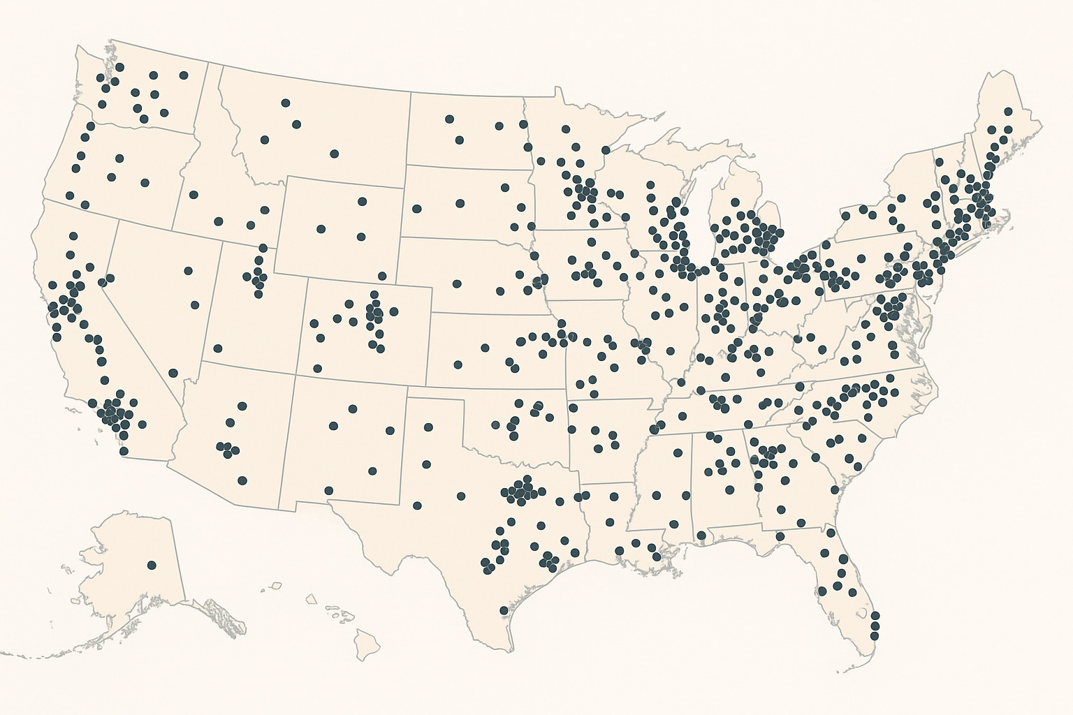 U.S. map showing Hobby Lobby store locations across 48 states with concentration dots - hobby lobby