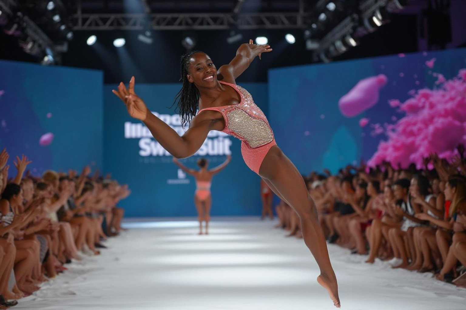 Jordan Chiles performing gymnastics flip on Sports Illustrated Swimsuit runway - jordan chiles 