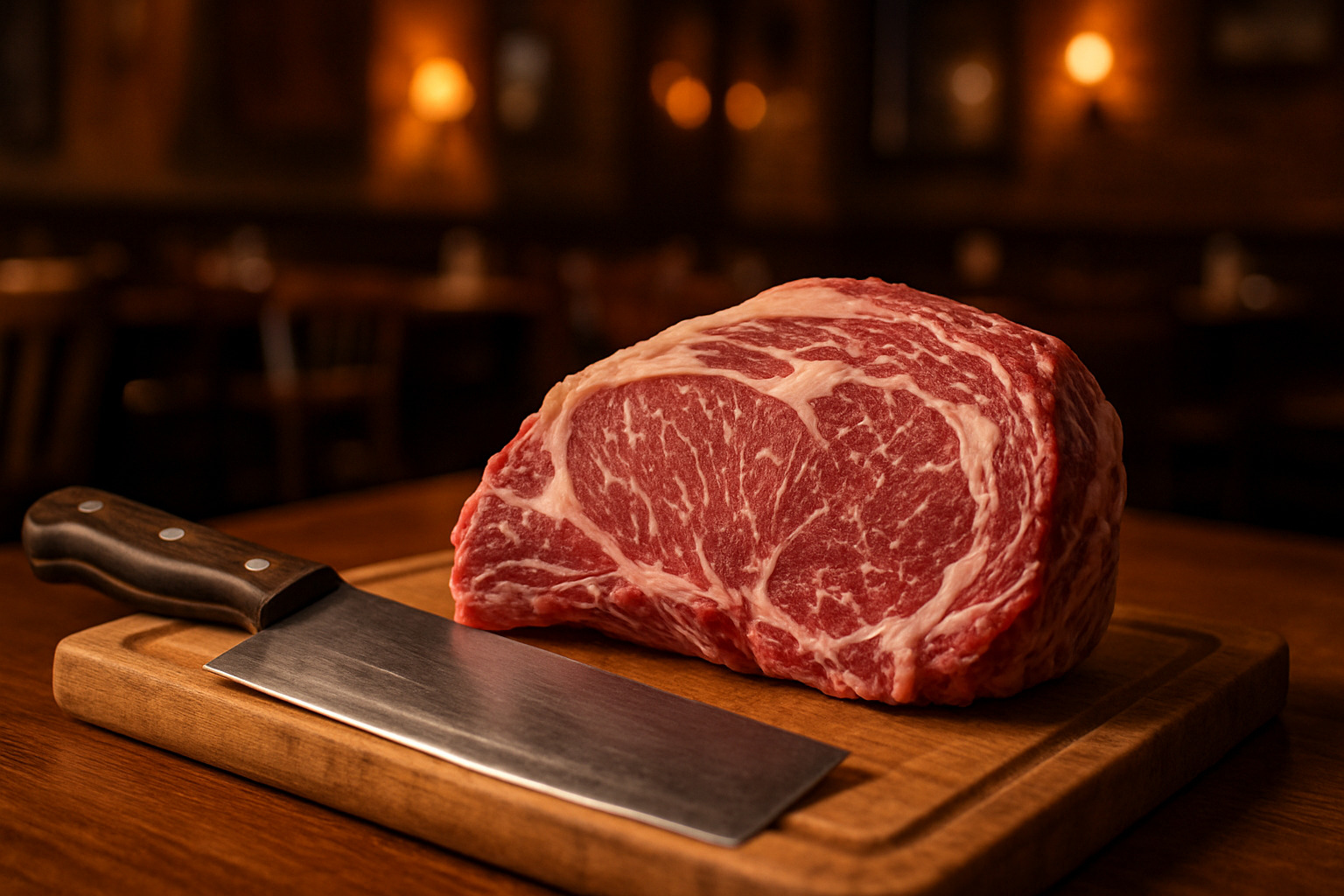 Hand-cut ribeye steaks displayed on cutting board with butcher knife - texas roadhouse