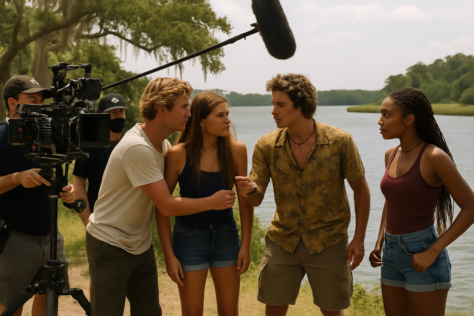 Behind-the-scenes photo from Outer Banks set showing cast in action - rudy pankow Behind-the-scenes photo from Outer Banks set showing cast in action - rudy pankow