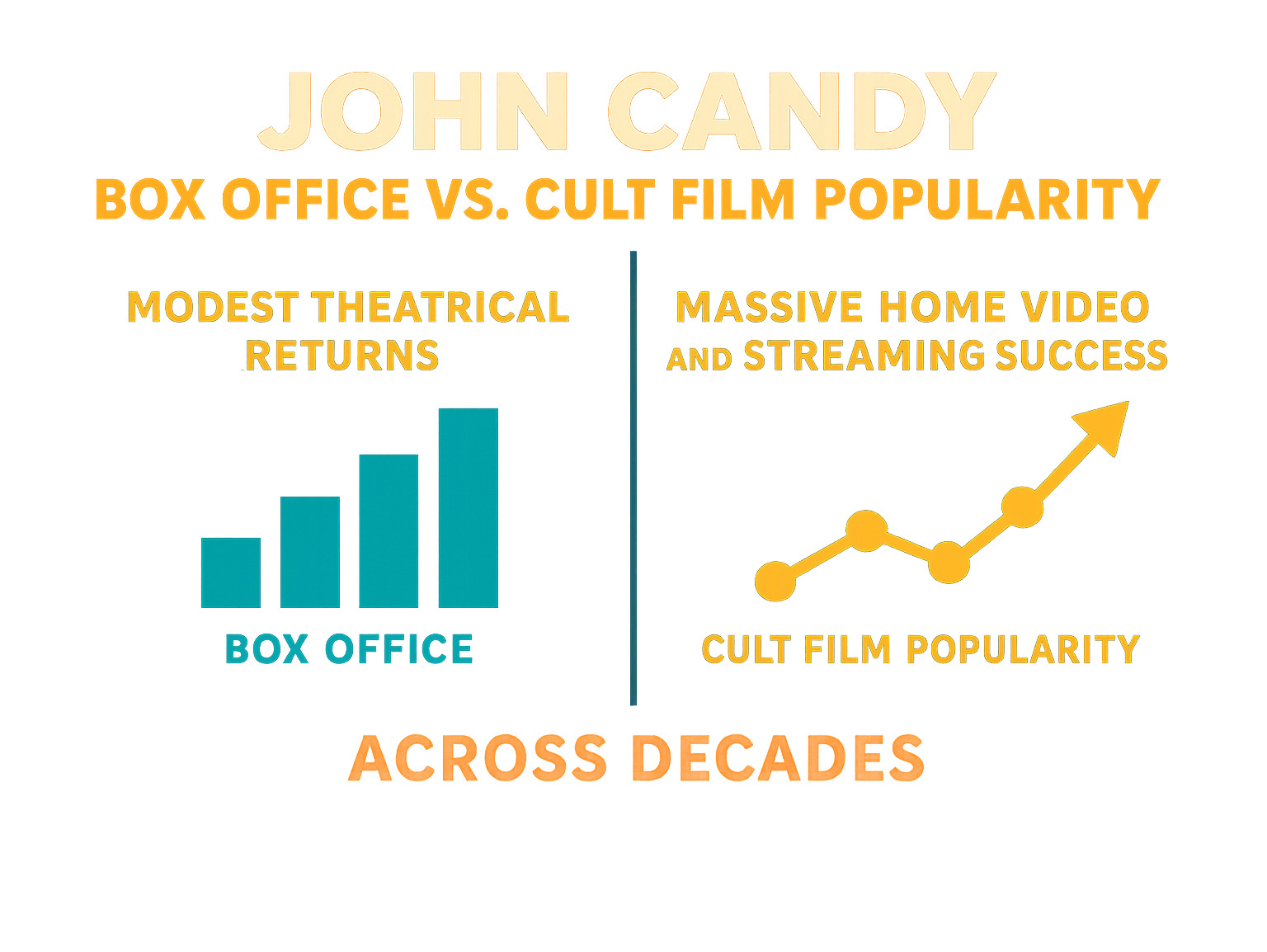 Infographic comparing John Candy's box office performance versus cult film popularity, showing modest theatrical returns but massive home video and streaming success across decades -  john candy infographic 
