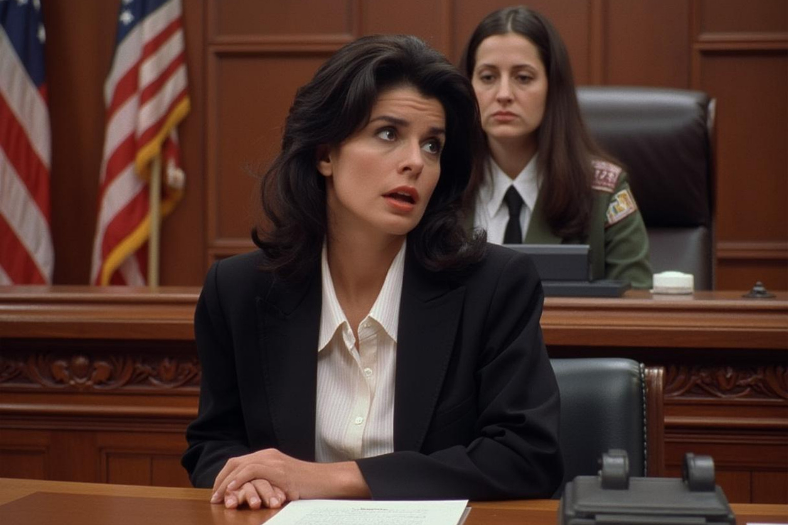 Iconic courtroom scene from My Cousin Vinny showing Marisa Tomei as Mona Lisa Vito - marisa tomei