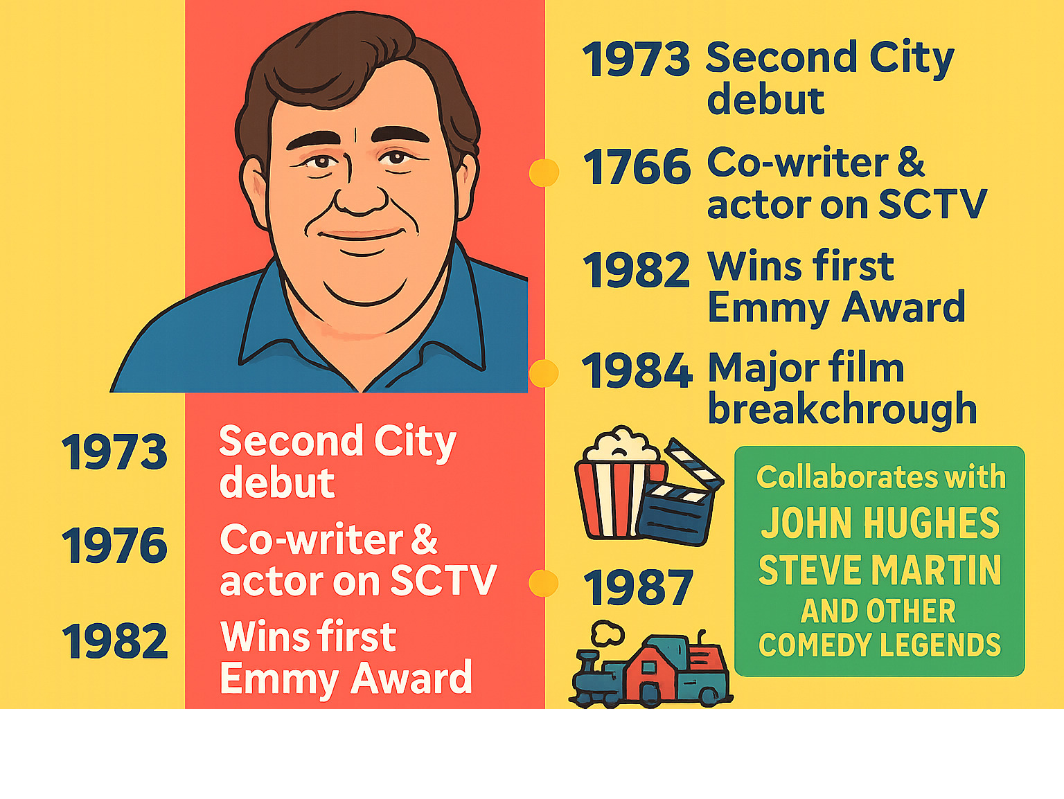 Infographic showing John Candy's career timeline from 1973 Second City debut through 40+ film appearances, Emmy wins, major box office hits, and 1994 death, with key collaborations with John Hughes, Steve Martin, and other comedy legends -  john candy infographic 