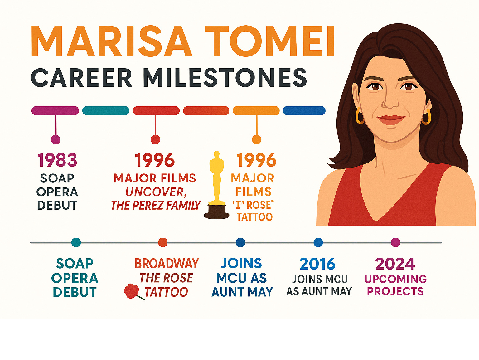 Comprehensive timeline showing Marisa Tomei's career milestones from 1983 soap opera debut through 2024 projects, including Oscar wins, major film releases, Broadway appearances, and Marvel Cinematic Universe involvement - marisa tomei infographic 