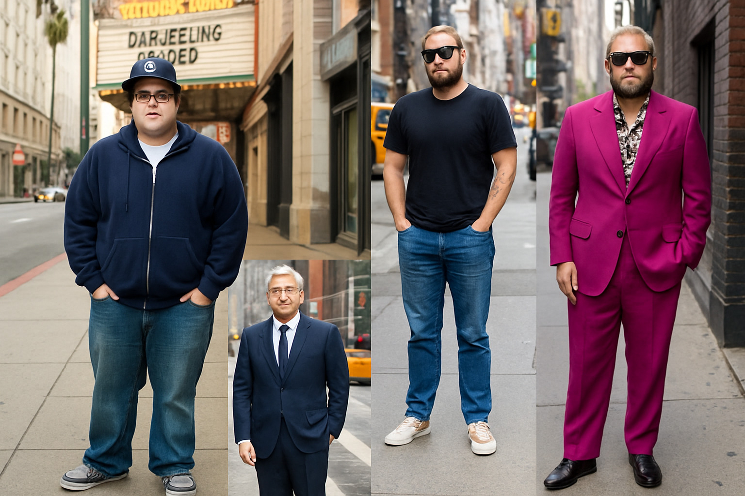 street style collage showing Jonah Hill's fashion evolution from casual 2000s looks to sophisticated custom suits and statement pieces - jonah hill street style collage showing Jonah Hill's fashion evolution from casual 2000s looks to sophisticated custom suits and statement pieces - jonah hill