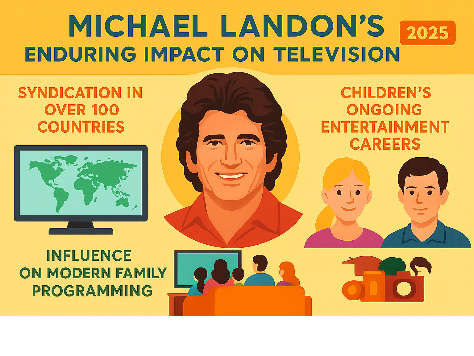 Michael Landon's enduring impact on television shown through continued syndication of his shows in over 100 countries, his influence on modern family programming, and his children's ongoing entertainment careers - michael landon infographic
