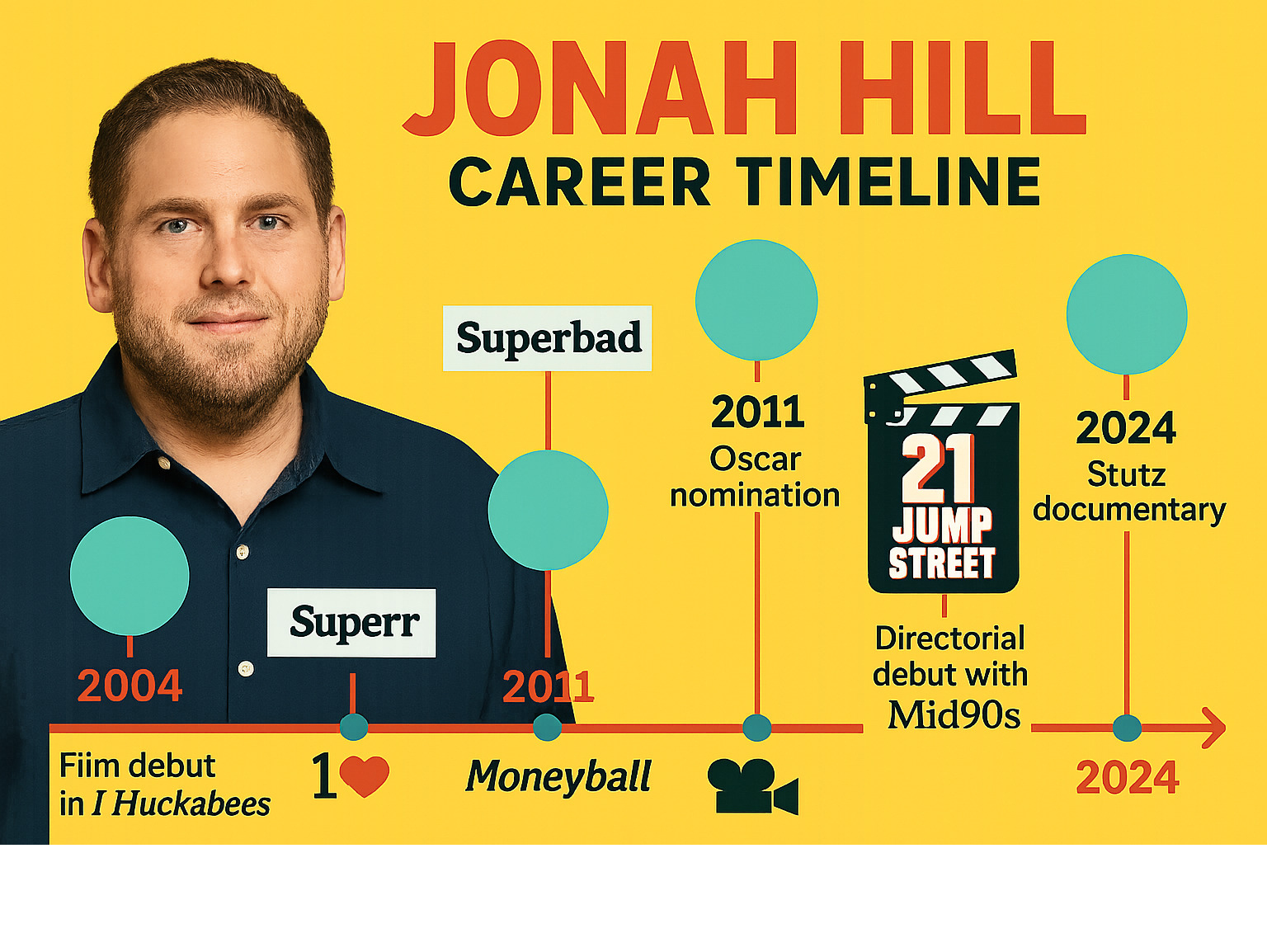 infographic showing Jonah Hill's career timeline from 2004 debut in I Heart Huckabees through 2024, highlighting major comedy films like Superbad and 21 Jump Street, dramatic turns in Moneyball and Wolf of Wall Street, Oscar nominations, directorial debut with Mid90s, and recent projects including Stutz documentary - jonah hill infographic infographic showing Jonah Hill's career timeline from 2004 debut in I Heart Huckabees through 2024, highlighting major comedy films like Superbad and 21 Jump Street, dramatic turns in Moneyball and Wolf of Wall Street, Oscar nominations, directorial debut with Mid90s, and recent projects including Stutz documentary - jonah hill infographic