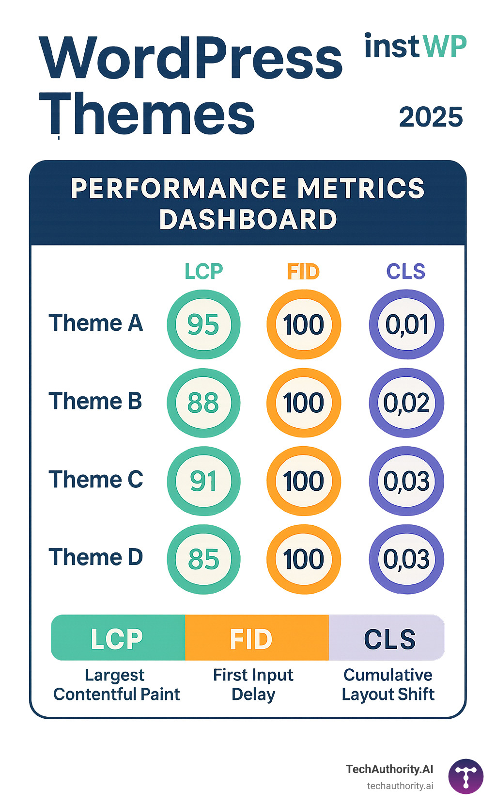performance metrics dashboard showing core web vitals scores for different wordpress themes - wordpress themes infographic 
