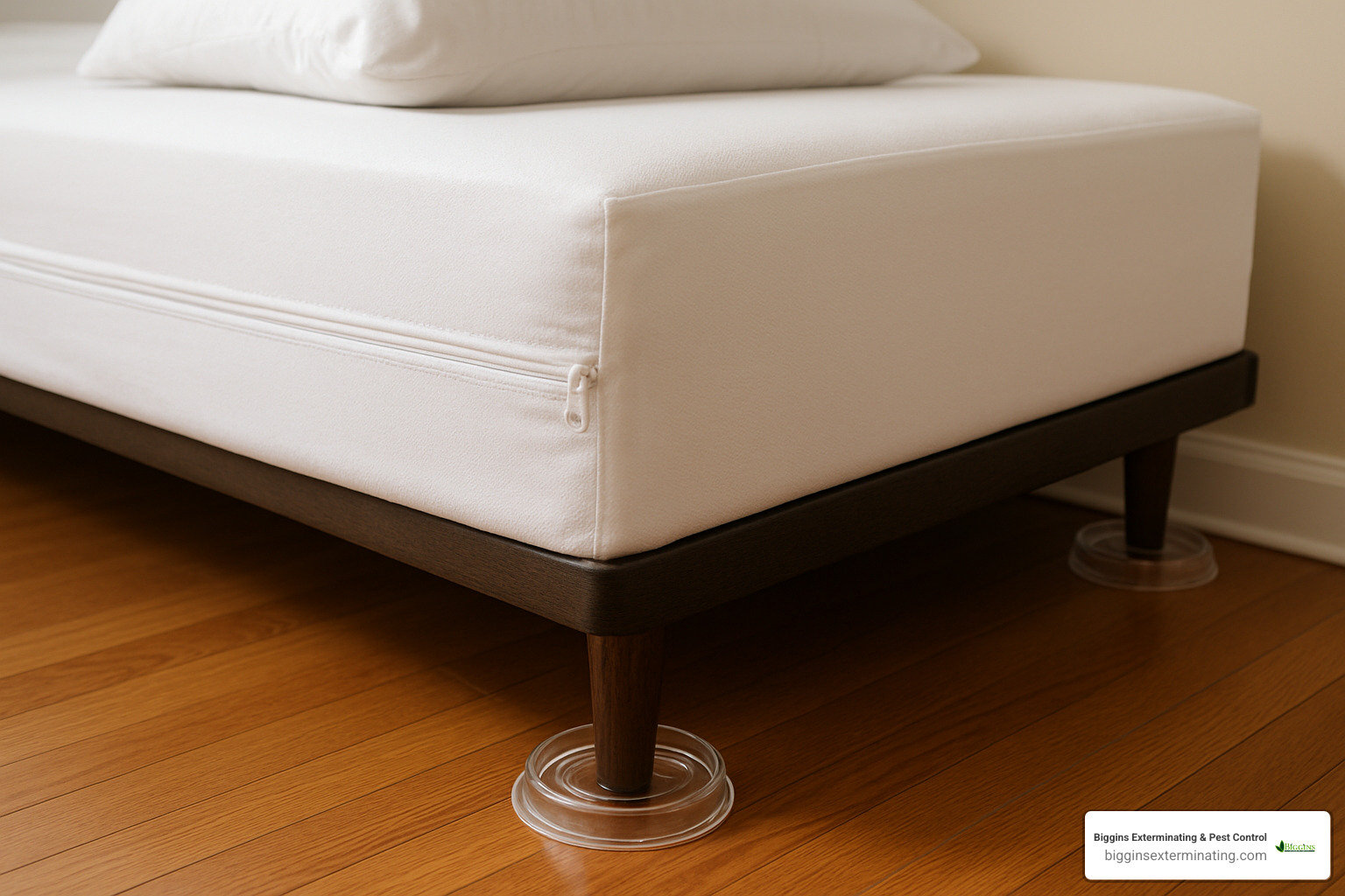 Mattress encasement and bed bug interceptor traps installed around bed legs - bed bug exterminator lexington ma