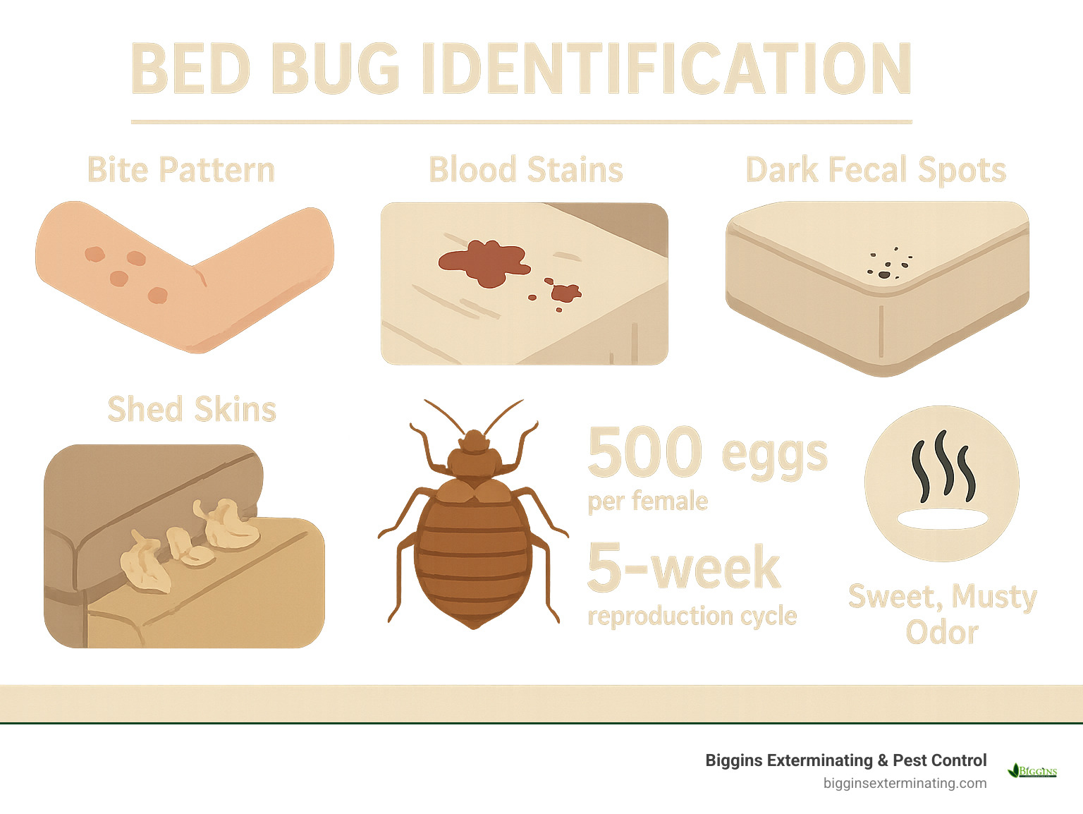 Infographic showing bed bug identification signs including bite patterns on skin, blood stains on sheets, dark fecal spots on mattresses, shed skins in furniture seams, and sweet musty odor indicators, with statistics showing 500 eggs per female bed bug and 5-week reproduction cycle - bed bug exterminator lexington ma infographic 