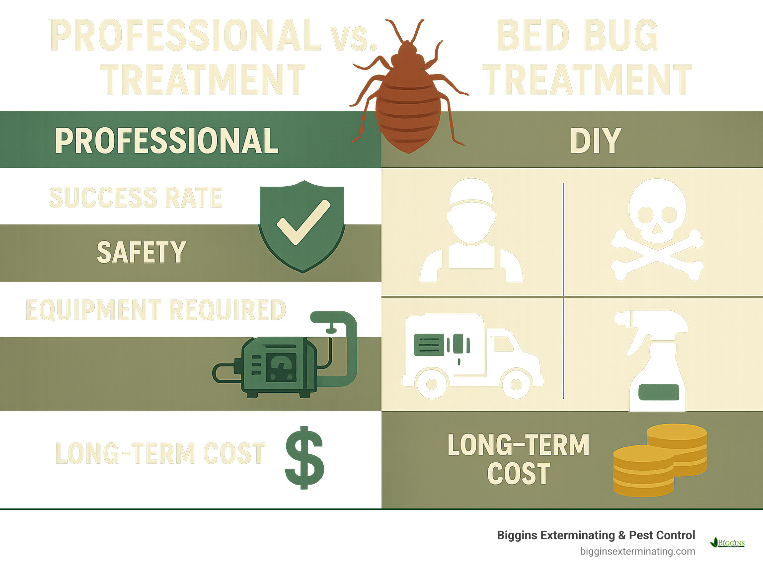 Infographic comparing professional vs DIY bed bug treatment showing success rates, safety considerations, equipment requirements, and long-term costs - bed bug exterminator lexington ma infographic 