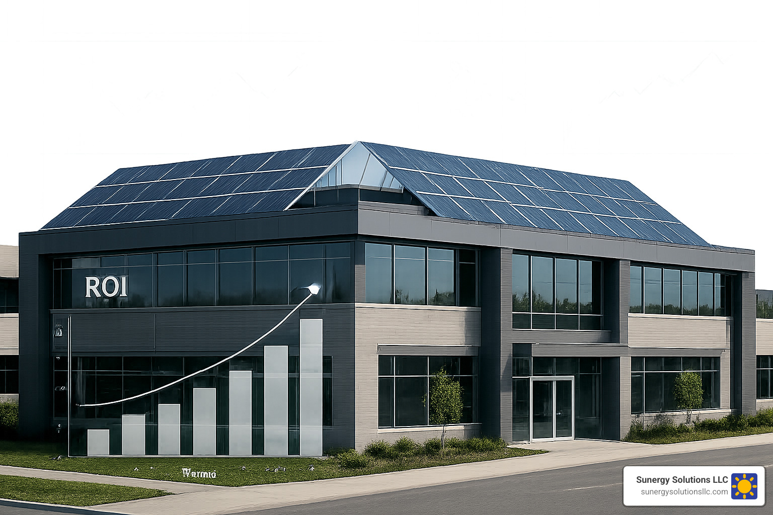 Commercial building with solar panels and financial charts showing ROI projections - commercial solar installation companies
