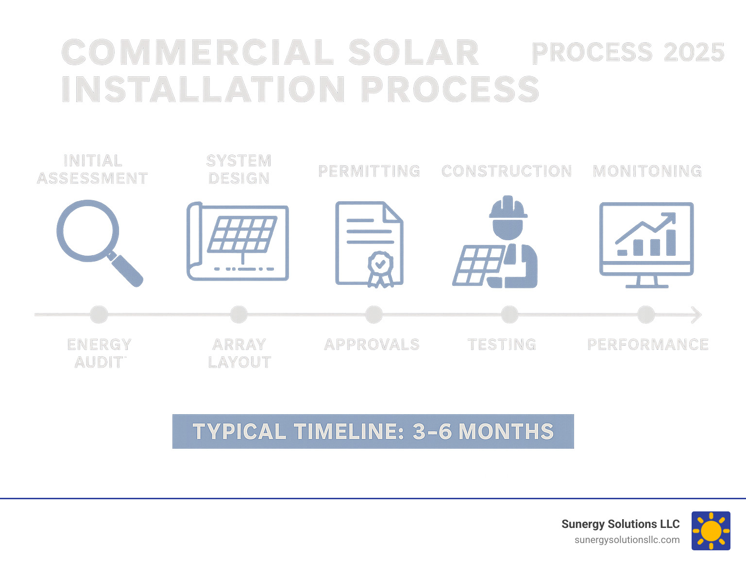 Infographic showing the commercial solar installation process from initial assessment through system commissioning, including key milestones like energy audit, system design, permitting, construction phases, and long-term monitoring with typical timeline of 3-6 months for completion - commercial solar installation companies infographic 