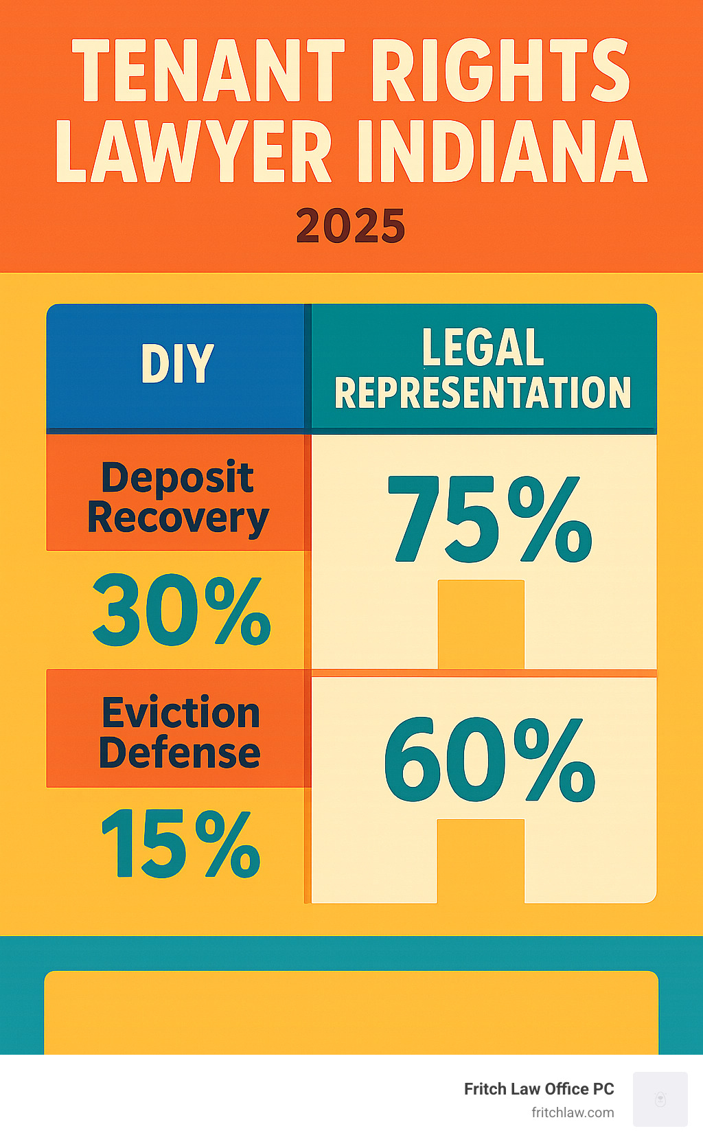 Comparison table showing DIY vs Legal Representation outcomes: DIY - 30% success rate in deposit recovery, 15% success in eviction defense; Legal Representation - 75% success rate in deposit recovery, 60% success in eviction defense - Tenant rights lawyer Indiana infographic