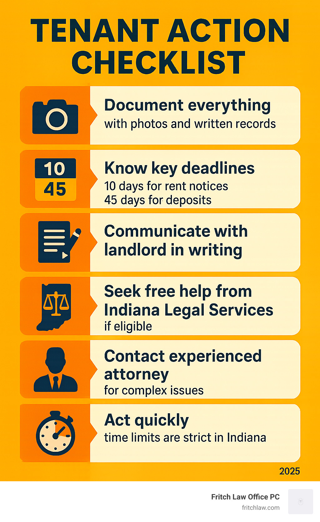 Tenant action checklist infographic: 1. Document everything with photos and written records, 2. Know key deadlines - 10 days for rent notices, 45 days for deposits, 3. Communicate with landlord in writing, 4. Seek free help from Indiana Legal Services if eligible, 5. Contact experienced attorney for complex issues, 6. Act quickly - time limits are strict in Indiana - Tenant rights lawyer Indiana infographic