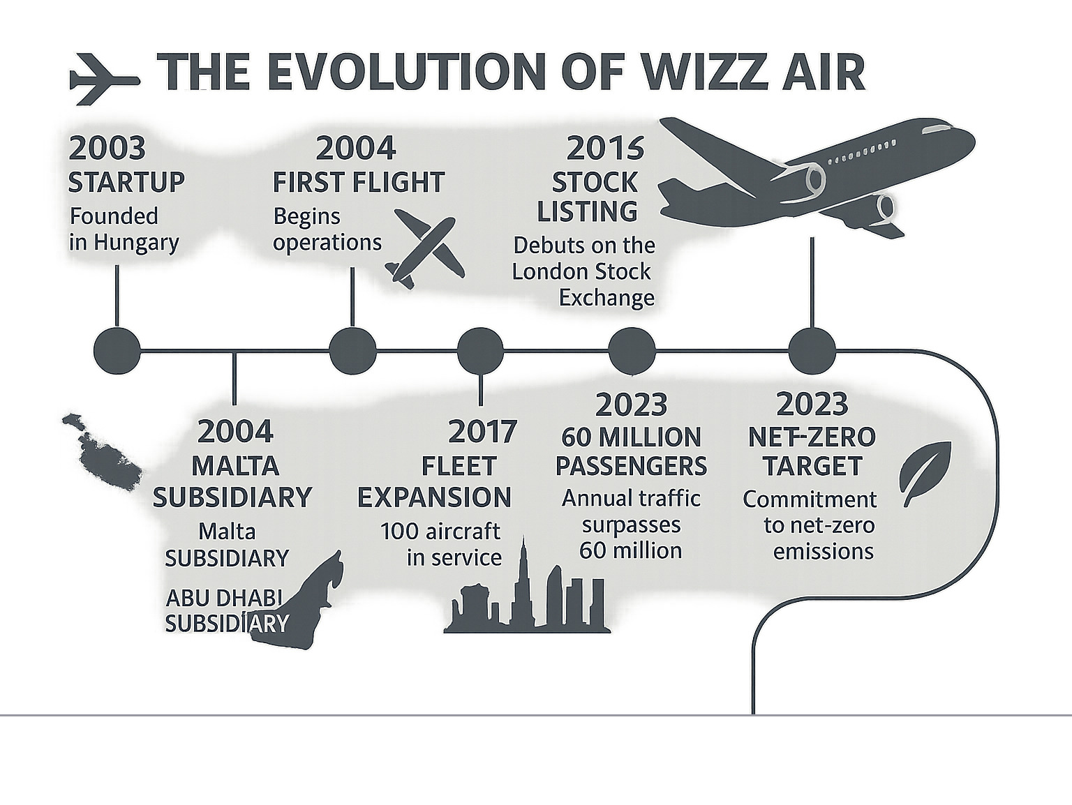 Comprehensive infographic showing Wizz Air's evolution from 2003 startup to major European carrier, including key milestones like first flight, stock listing, fleet expansion, subsidiary launches in Malta and Abu Dhabi, passenger growth reaching 60 million, and environmental commitments including net-zero targets - wizz air infographic 