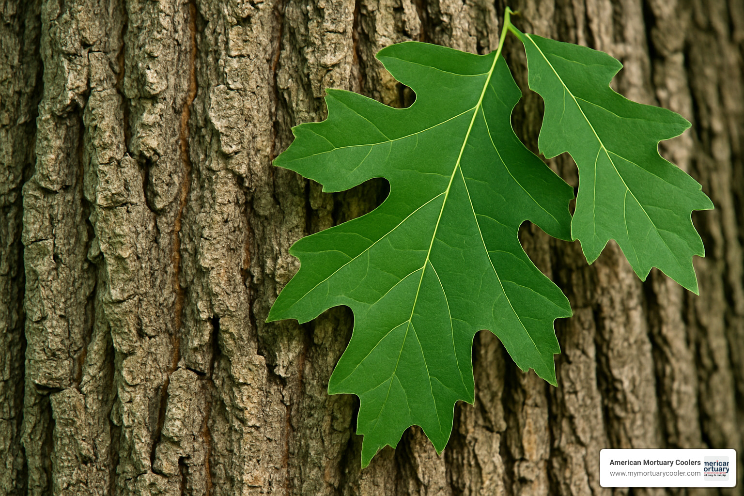 Close-up photograph showing oak bark texture and distinctive lobed leaves characteristic of Lincoln Oak species - lincoln oak