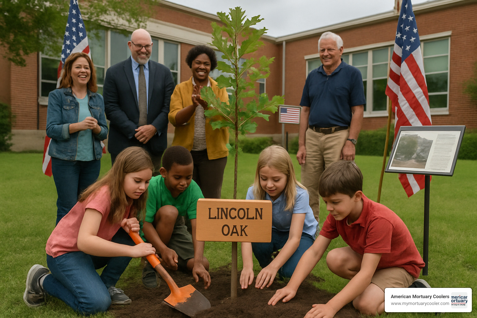 Elementary school children participating in a tree planting ceremony with Lincoln Oak sapling, showing community engagement in historical preservation - lincoln oak