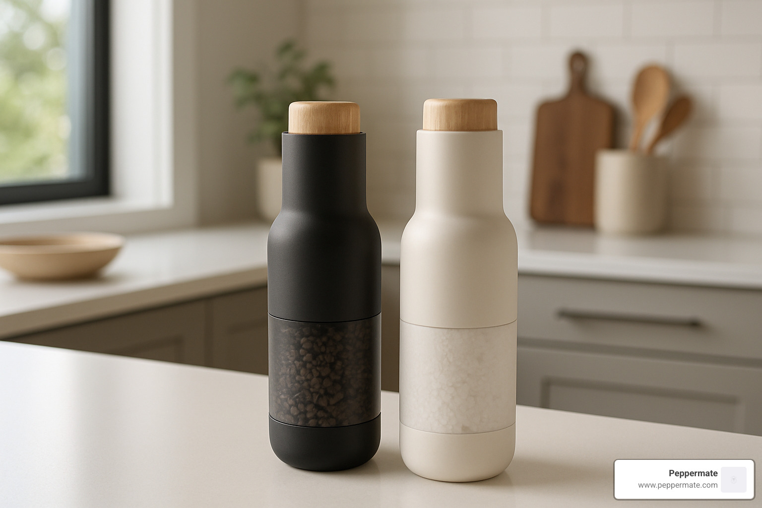 Stylish salt and pepper grinder display on modern kitchen counter - salt and pepper grinders