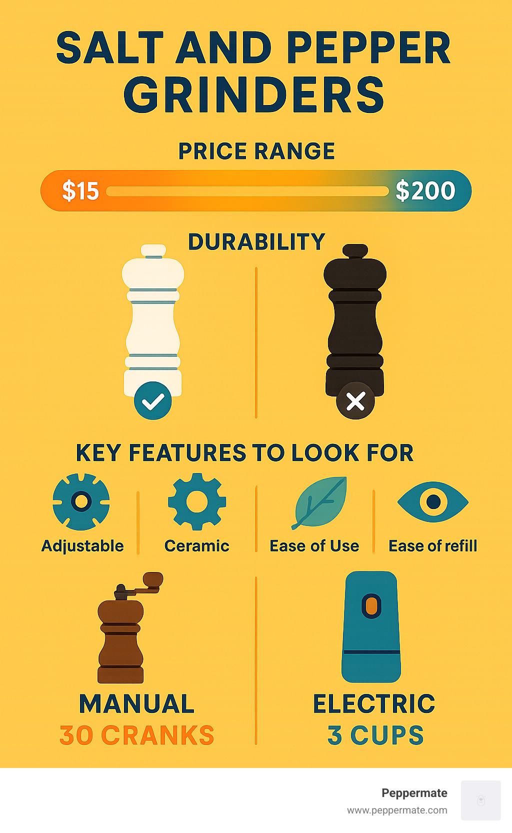 Infographic showing price ranges, durability comparisons, and key features to look for when choosing salt and pepper grinders, with statistics on grinding speed and capacity differences between manual and electric models - salt and pepper grinders infographic 
