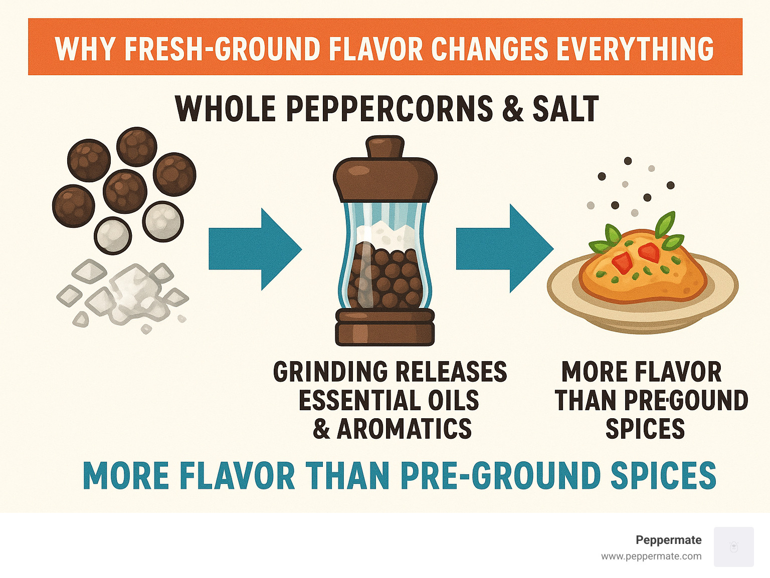 Infographic showing the journey from whole peppercorns and coarse salt crystals through grinding mechanisms to perfectly seasoned dishes, highlighting how grinding releases essential oils and aromatics that improve flavor compared to pre-ground spices - salt and pepper grinders infographic 