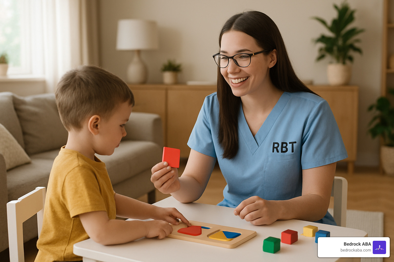 Registered Behavior Technician working with child in comfortable home environment - ABA therapy utah county