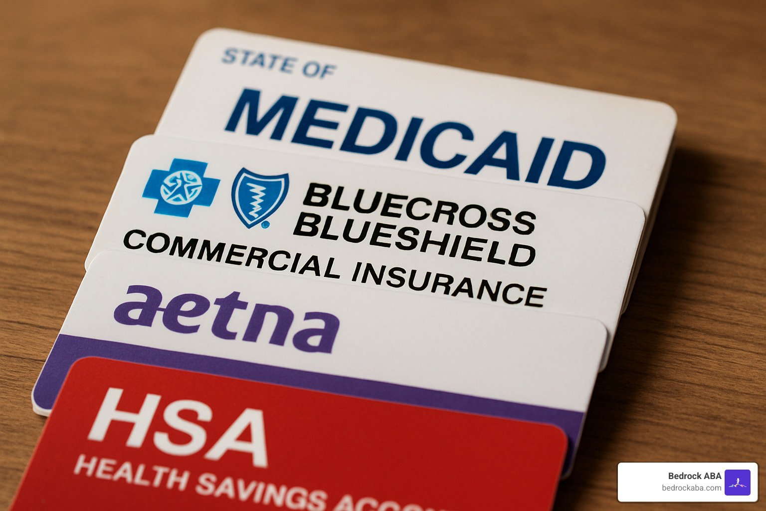 Stack of various insurance cards including Medicaid, commercial plans, and health savings account cards - ABA therapy utah county